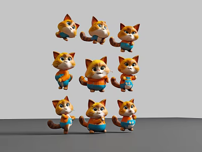 Cute Cartoon Cat 3D Models With Different Poses And Blue Outfits 3d model