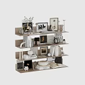 Stylish Decorative Ornament Set With Framed Art Books Sculptures And Candles On Wooden Shelves