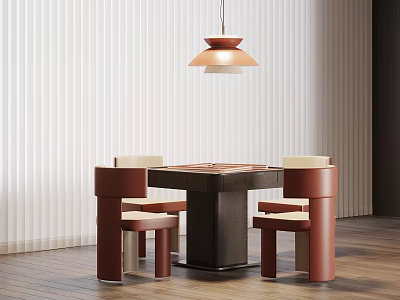 Modern Entertainment Table With Four Stylish Leather Chairs And Pendant Light Against White Blinds 3d model