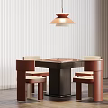 Modern Entertainment Table With Four Stylish Leather Chairs And Pendant Light Against White Blinds 3d model