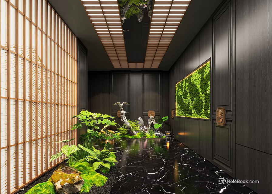 Modern Hotel Corridor Interior Design With Green Plants Water Features And Wooden Accents 3d model 