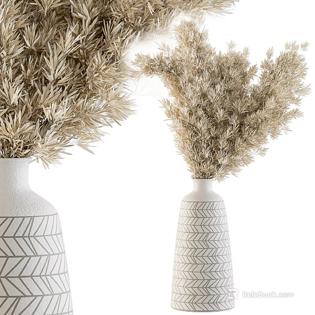 Elegant White Vases With Geometric Zigzag Patterns And Dried Flowers For Home Decoration 3d model 