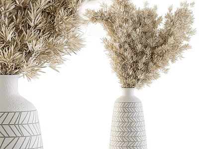 Elegant White Vases With Geometric Zigzag Patterns And Dried Flowers For Home Decoration 3d model