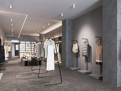 Fashionable Modern Clothing Store Interior Featuring Hanging Apparel Display Racks And Lights 3d model