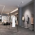 Fashionable Modern Clothing Store Interior Featuring Hanging Apparel Display Racks And Lights