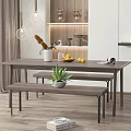 Modern Dining Table Set with Bench Fruits Plant and Shelf Decor in Bright Room