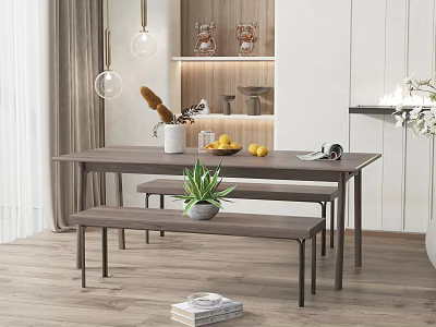 Modern Dining Table Set with Bench Fruits Plant and Shelf Decor in Bright Room 3d model