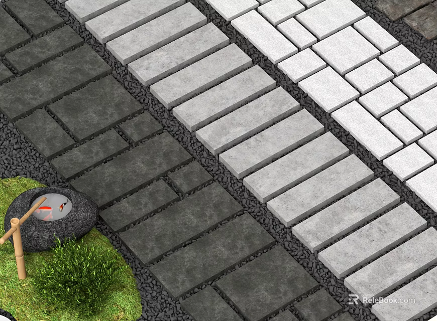 Garden Stepping Stone Path With Gray Rectangular Slabs Gravel Edging Green Grass And Decorative Stone 3d model