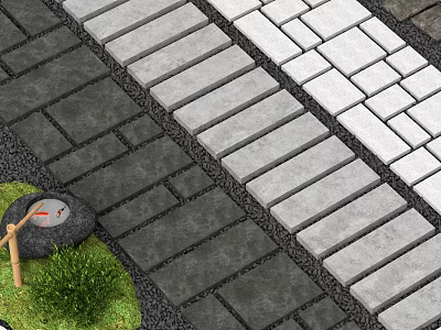 Garden Stepping Stone Path With Gray Rectangular Slabs Gravel Edging Green Grass And Decorative Stone 3d model