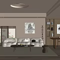 Modern Living Room With Beige Sofa Coffee Table Decorative Artwork Round Ceiling Light And Rug