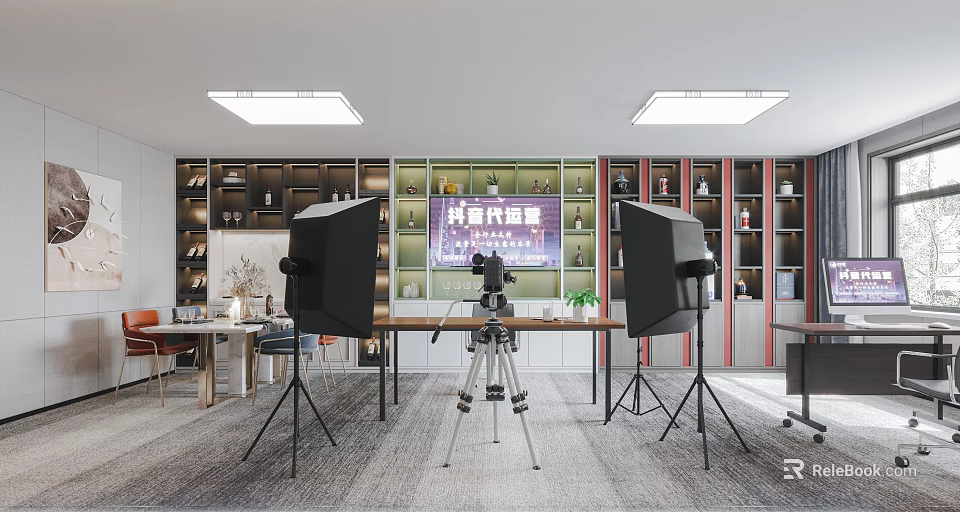 Bright Public Office Space Interior With Desks Bookshelves Lighting Green Plants And Camera Tripods 3d model 