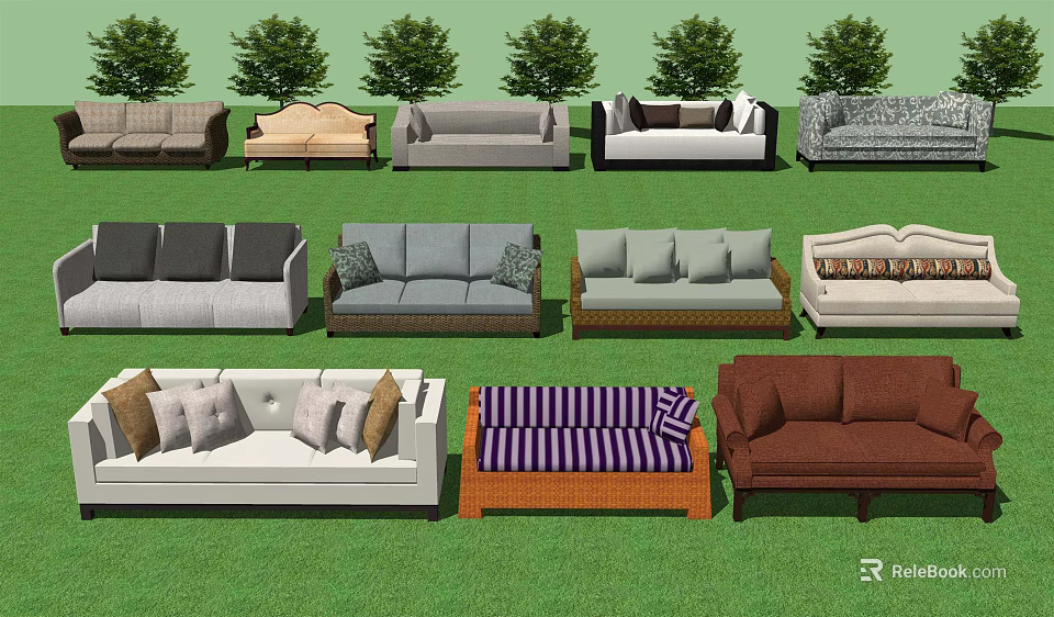 Sofa Set Various Styles Different Colors Cushioned Seats Wicker Striped Designs Outdoor Grass 3d model
