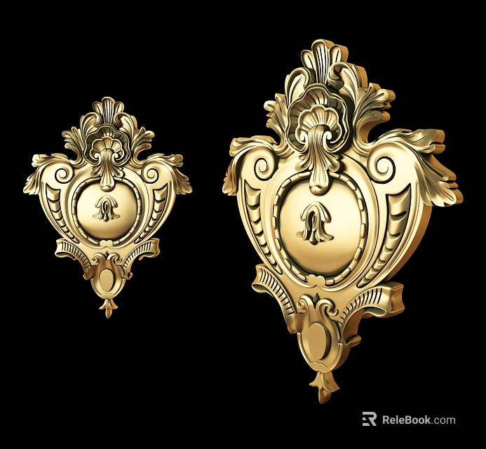 Ornate Golden Decorative Carvings With Intricate Floral Scrollwork And Symmetrical Design 3d model 