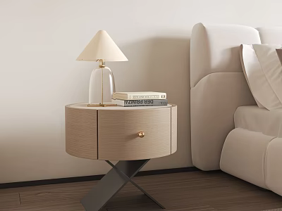 Round Bedside Table With Drawer Gold Handle Lamp Beige Shade Books Next To Beige Sofa 3d model