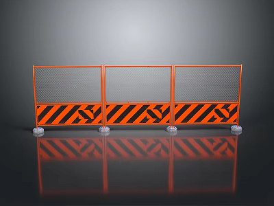 Orange Safety Barrier With Black Stripes And Mesh Panels On Reflective Floor 3d model