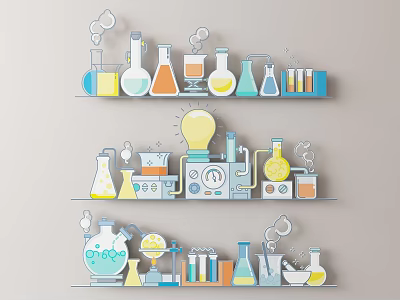 Colorful Laboratory Glassware Wall Decor With Shelves Beakers Test Tubes And Bulb Shaped Accents 3d model