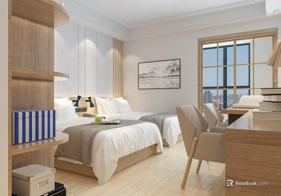 Bright Hotel Guest Room With Twin Beds Wooden Shelves Wall Painting And City View 3d model 