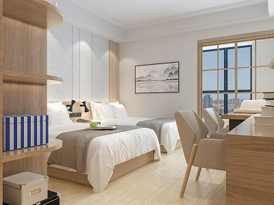 Bright Hotel Guest Room With Twin Beds Wooden Shelves Wall Painting And City View 3d model