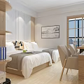 Bright Hotel Guest Room With Twin Beds Wooden Shelves Wall Painting And City View