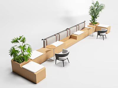 Modern Black White Dining Chairs with Backrest Armrests by Wooden Booth White Cushions Green Plants 3d model