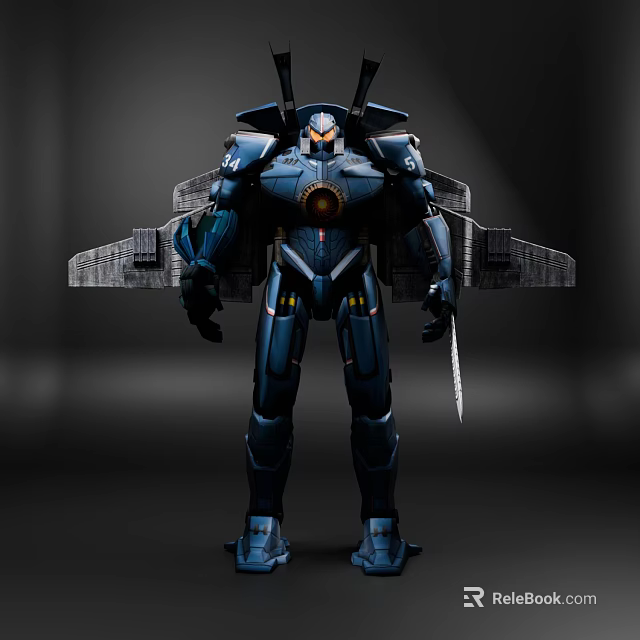 Game Movie Character Blue Mech Warrior With Armor Wing Like Structure Glowing Core And Sword 3d model 