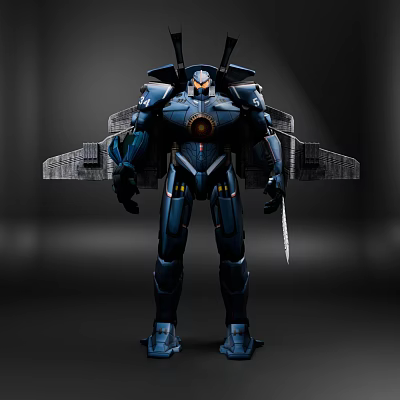 Game Movie Character Blue Mech Warrior With Armor Wing Like Structure Glowing Core And Sword 3d model