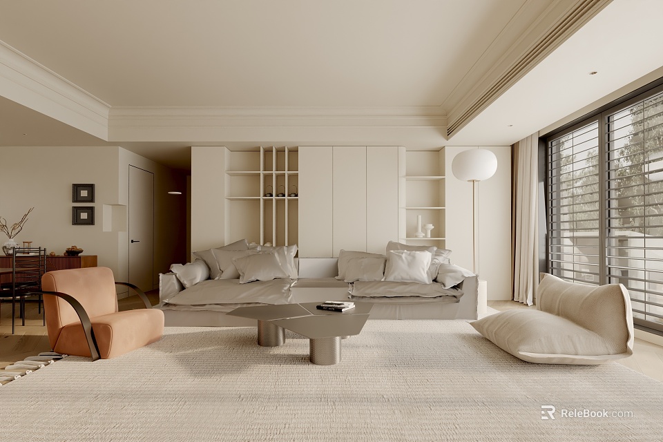 Modern Living Room Interior With Beige Sofa Bookshelf Floor Lamp Rug And Armchair 3d model 