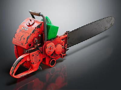 Vintage Red Chainsaw Body With Green Component And Black Cutting Chain 3d model