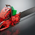 Vintage Red Chainsaw Body With Green Component And Black Cutting Chain