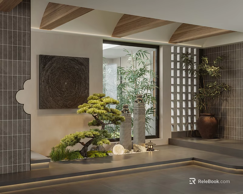Indoor Garden Ornament With Bonsai Pine Stone Lantern Terracotta Pot And Wooden Ceiling 3d model 