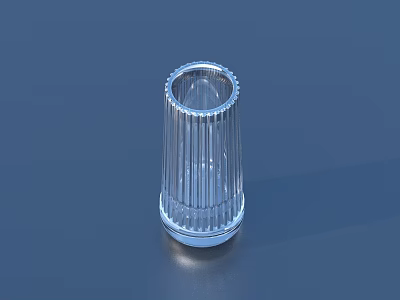 Transparent Cylindrical Object With Vertical Ribbed Design And Metallic Base On Blue Background 3d model