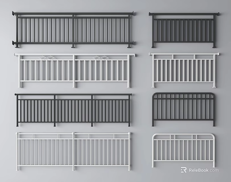 Various Black And White Fence Designs With Horizontal Rails And Modern Sleek Decorative Styles 3d model 