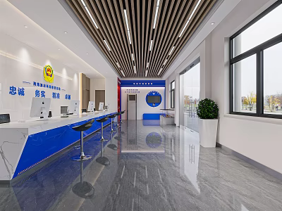 Modern Service Hall Interior Design With Service Counters Bright Lighting Large Windows And Marble Floor 3d model