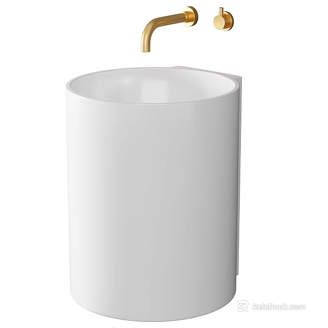 Modern White Ceramic Washbasin with Cylindrical Design and Gold Faucet for Contemporary Bathroom 3d model 