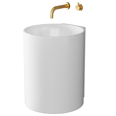 Modern White Ceramic Washbasin with Cylindrical Design and Gold Faucet for Contemporary Bathroom 3d model