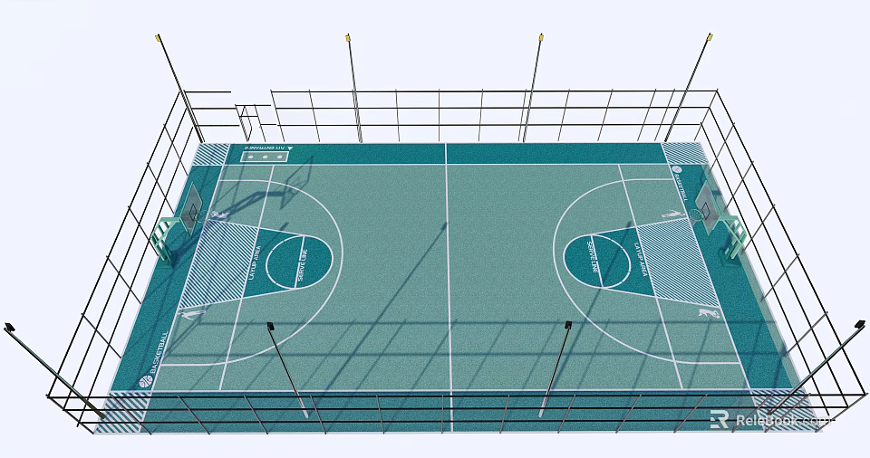 Indoor Basketball Court With Green Surface White Lines And Surrounding Fencing 3d model 