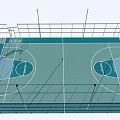 Indoor Basketball Court With Green Surface White Lines And Surrounding Fencing