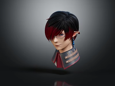 Fantasy Character Head with Black Red Hair Pointed Ears Glasses and Decorative Collar 3d model