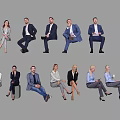 Group of Business People in Formal Attire with Different Sitting Postures on Gray Background
