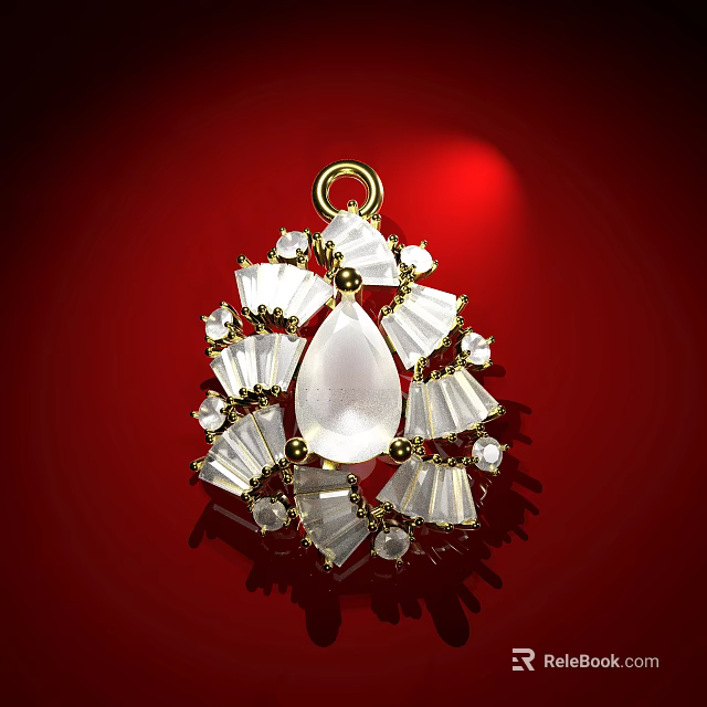 Elegant Jewelry Pendant With Teardrop White Gemstone And Fan Shaped Clear Crystals In Golden Frame 3d model 
