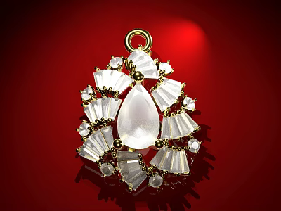 Elegant Jewelry Pendant With Teardrop White Gemstone And Fan Shaped Clear Crystals In Golden Frame 3d model