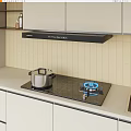 Kitchen Appliances with Range Hood Gas Stove Pot Blue Flame Beige Tiled Wall Light Cabinets