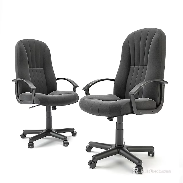 Two Grey Fabric Office Chairs With Armrests And Swivel Wheel Base 3d model 