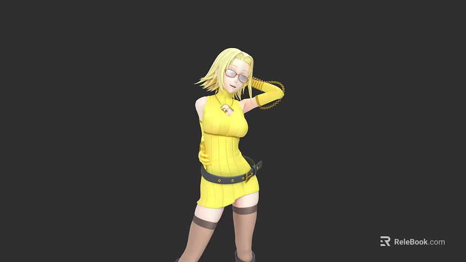 Blonde Woman In Yellow Dress Wearing Glasses Standing Against Black Background 3d model 
