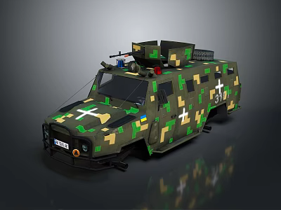 Camouflaged Military Vehicle Exterior Design With White Cross Symbols And Roof Equipment 3d model