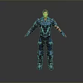 Detailed Game Movie Male Character In Blue Mechanical Armor Standing With Arms Outstretched