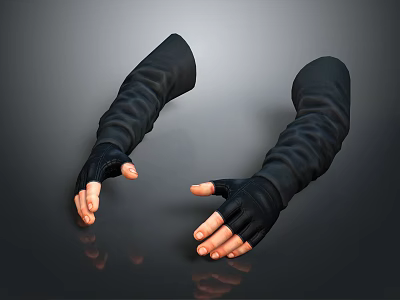 Pair Of Hands Wearing Black Long Gloves Covering Wrist To Fingers On Dark Background 3d model
