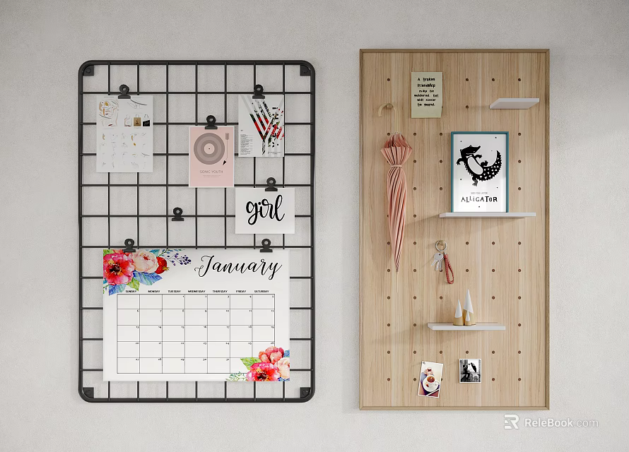 Grid And Wooden Pegboard Photo Wall With Camera Calendar Umbrella And Adventure Sign 3d model 