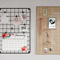 Grid And Wooden Pegboard Photo Wall With Camera Calendar Umbrella And Adventure Sign