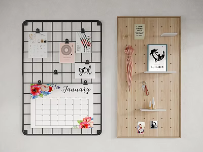 Grid And Wooden Pegboard Photo Wall With Camera Calendar Umbrella And Adventure Sign 3d model